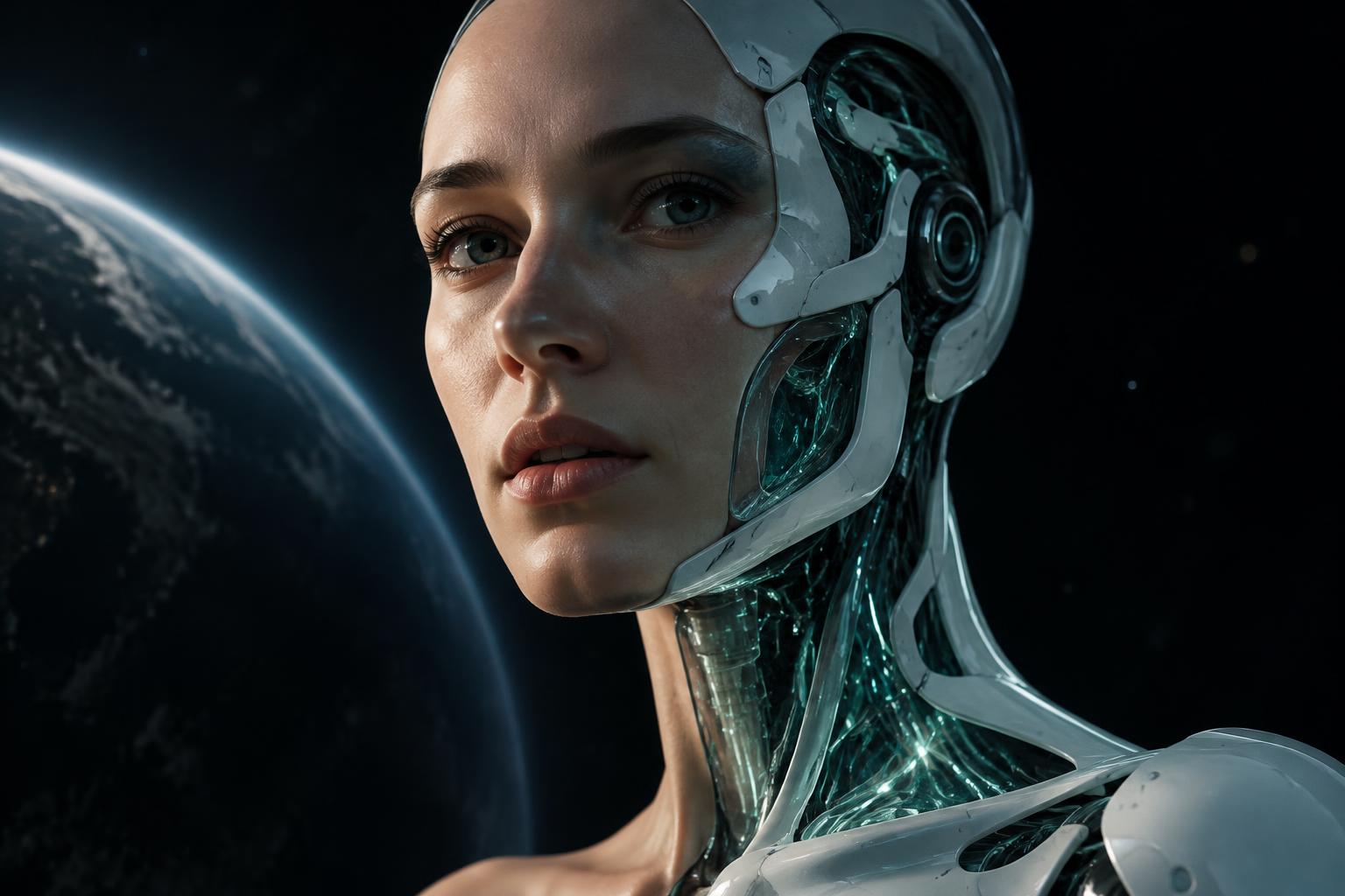A human-like synthetic humanoid with a lifelike face and a translucent biomechanical neck